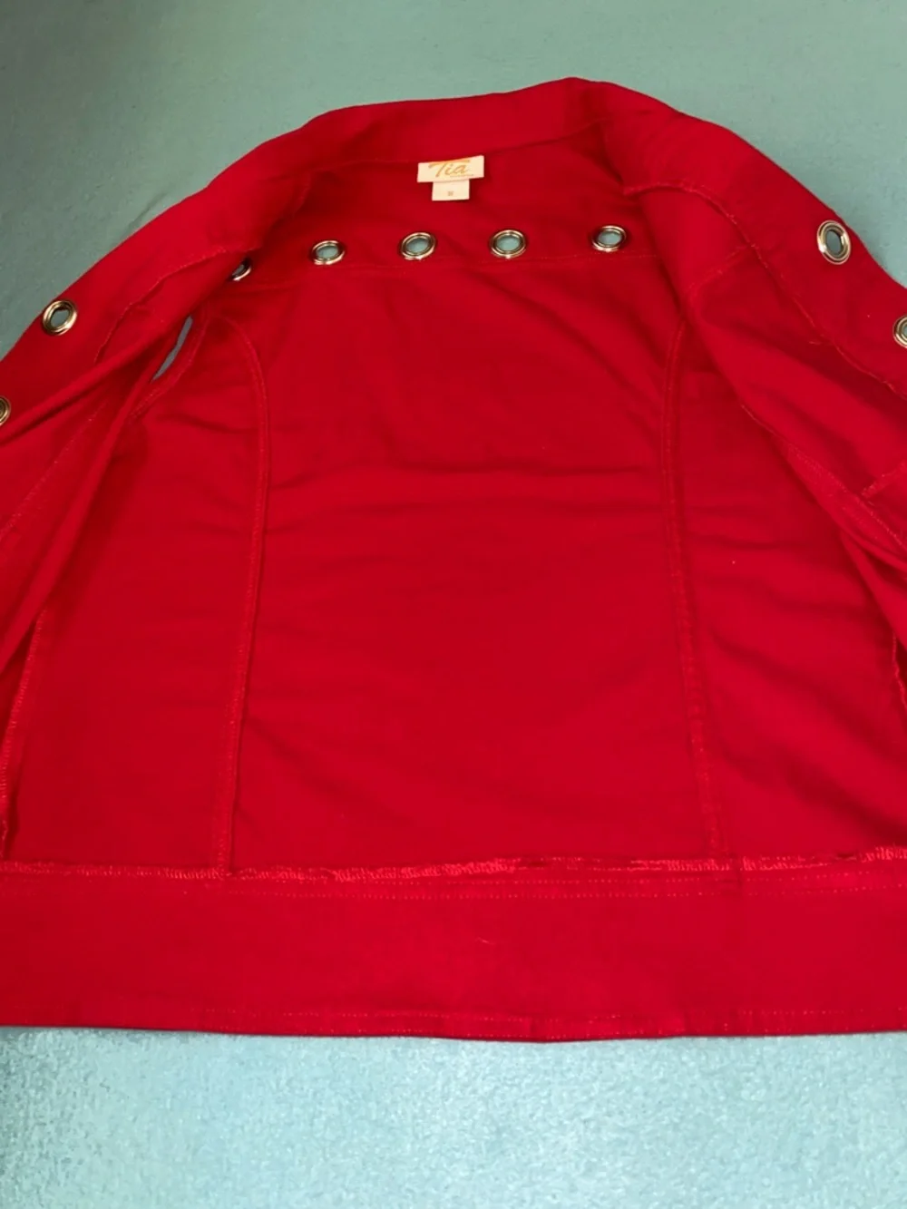 TIA DESIGNS denim vintage red vest silver grommet details 2 front pockets size M